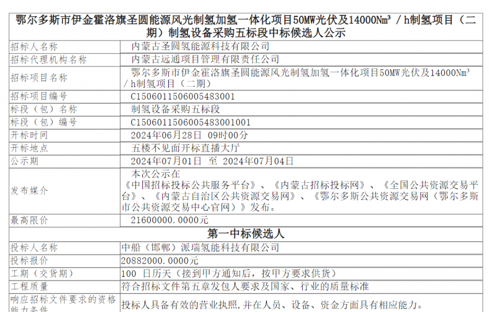 中標(biāo) | 伊金霍洛旗圣圓能源風(fēng)光制氫加氫一體化項目制氫設(shè)備采購預(yù)中標(biāo)公示(圖1)