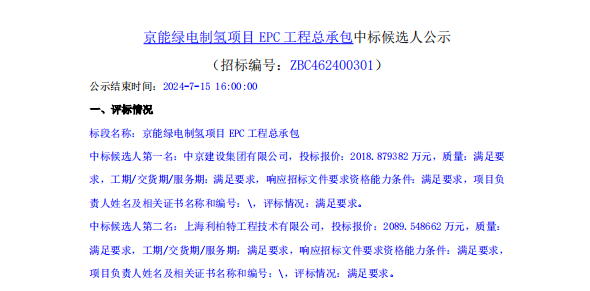 中標(biāo) | 京能綠電制氫項(xiàng)目公示EPC中標(biāo)候選人(圖1)