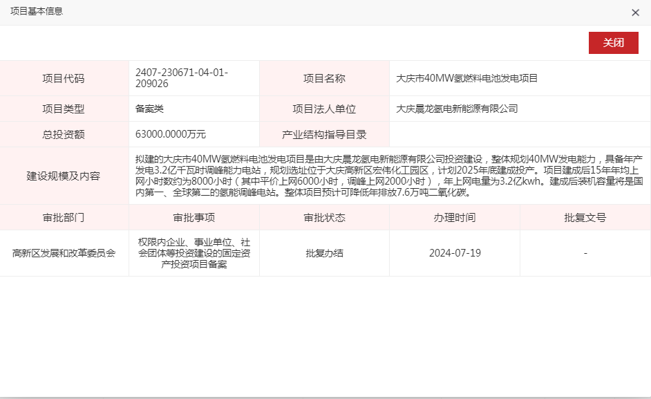 黑龍江大慶市40MW氫燃料電池發(fā)電項目獲備案(圖1)